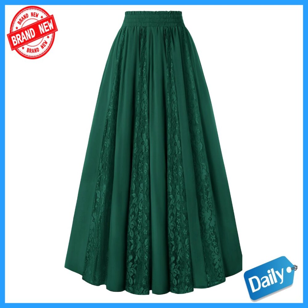 Maxi Skirt With Lace Pockets High Waist Flowy Boho Renaissance